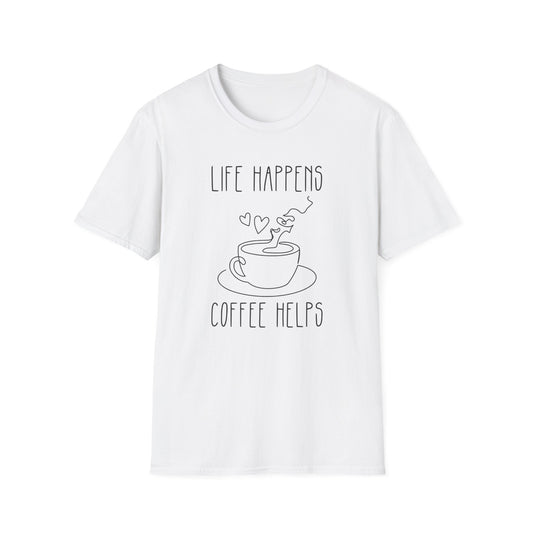 White color t-shirt with ’Life Happens Coffee Helps’ text on top and bottom of a lineal art style freshly made coffee on a mug design on a white background