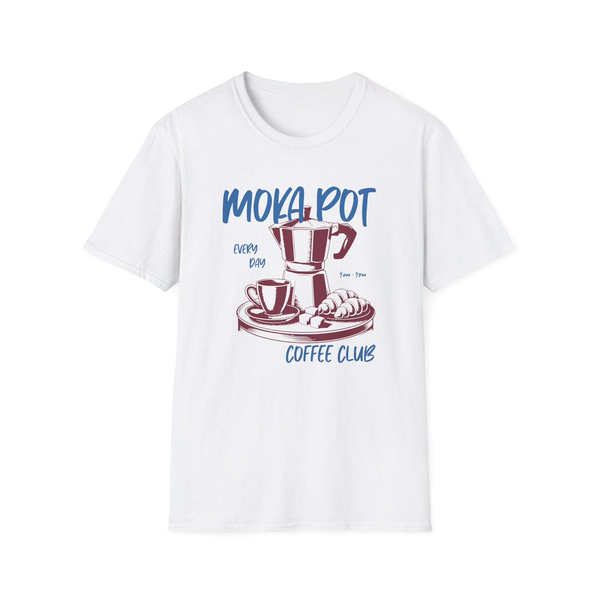 White color t-shirt with ’Moka Pot Coffee Club Every Day 9am-9pm’ text on top bottom and sides of an Italian coffee pot a coffee mug a plate with a couple of croissants and a bunch of sugar cubs on a tray design on a white background