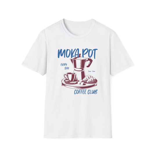 White color t-shirt with ’Moka Pot Coffee Club Every Day 9am-9pm’ text on top bottom and sides of an Italian coffee pot a coffee mug a plate with a couple of croissants and a bunch of sugar cubs on a tray design on a white background