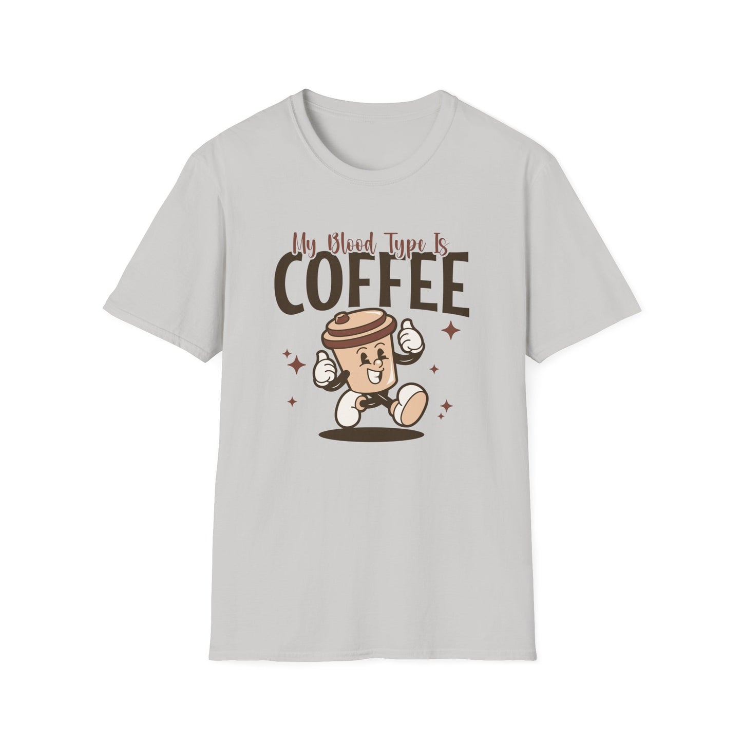 Ice Gray color t-shirt with ’My Blood Type Is Coffee’ text on top of an smiling to go coffee cup mascot style design on an ice gray background