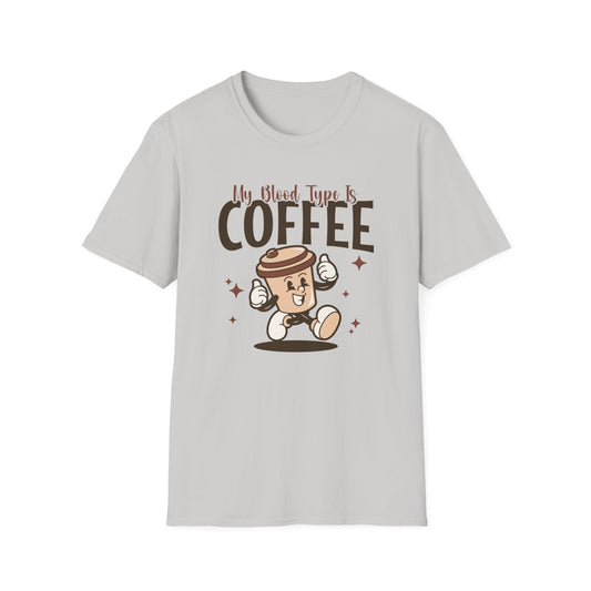 Ice Gray color t-shirt with ’My Blood Type Is Coffee’ text on top of an smiling to go coffee cup mascot style design on an ice gray background