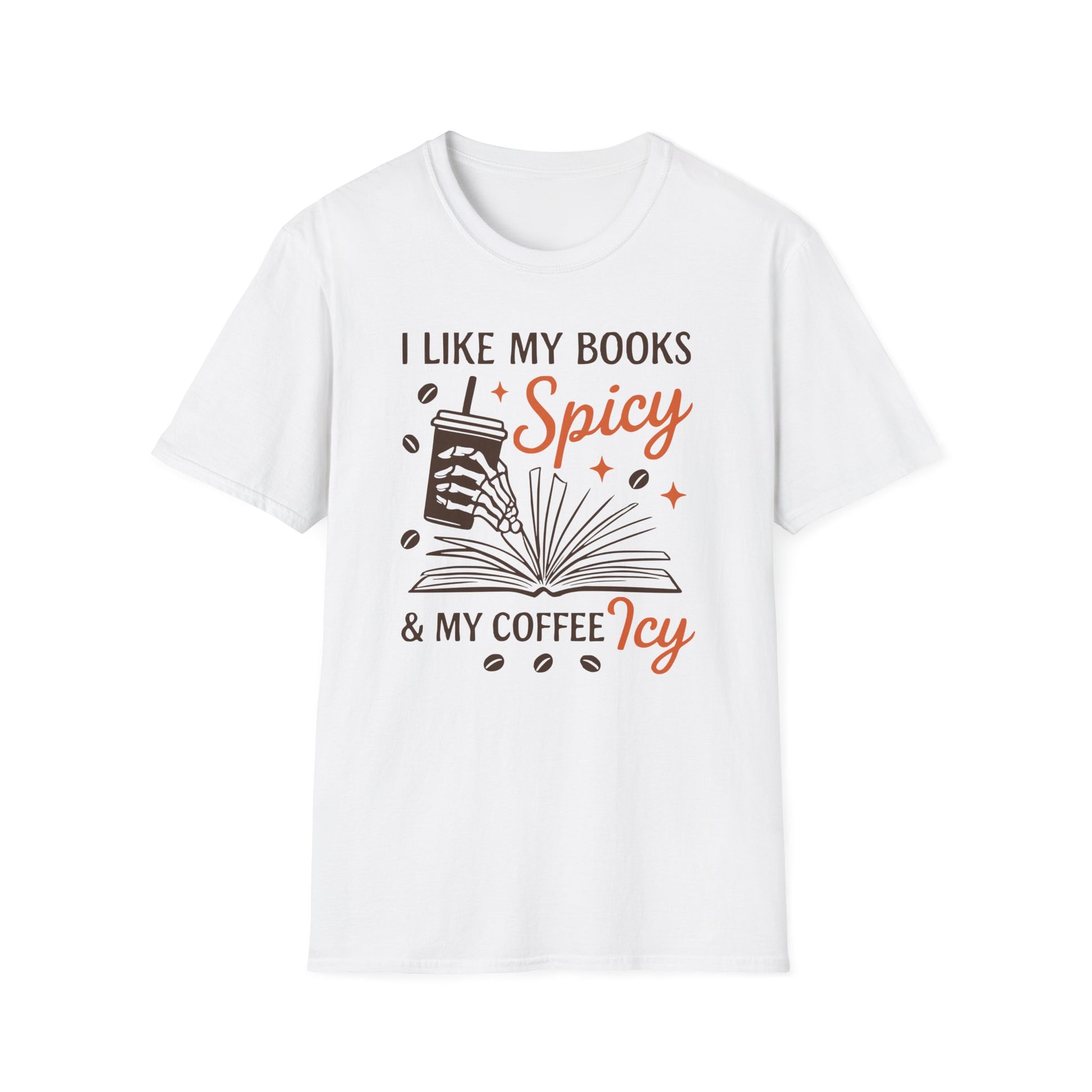 White color t-shirt with ’I Like  My Books Spicy & My Coffee Icy’ text on top and bottom of a skeleton hand grabbing a coffee cup and emerging from an open book laying in a horizontal position surrounded by coffee beans design on a white background
