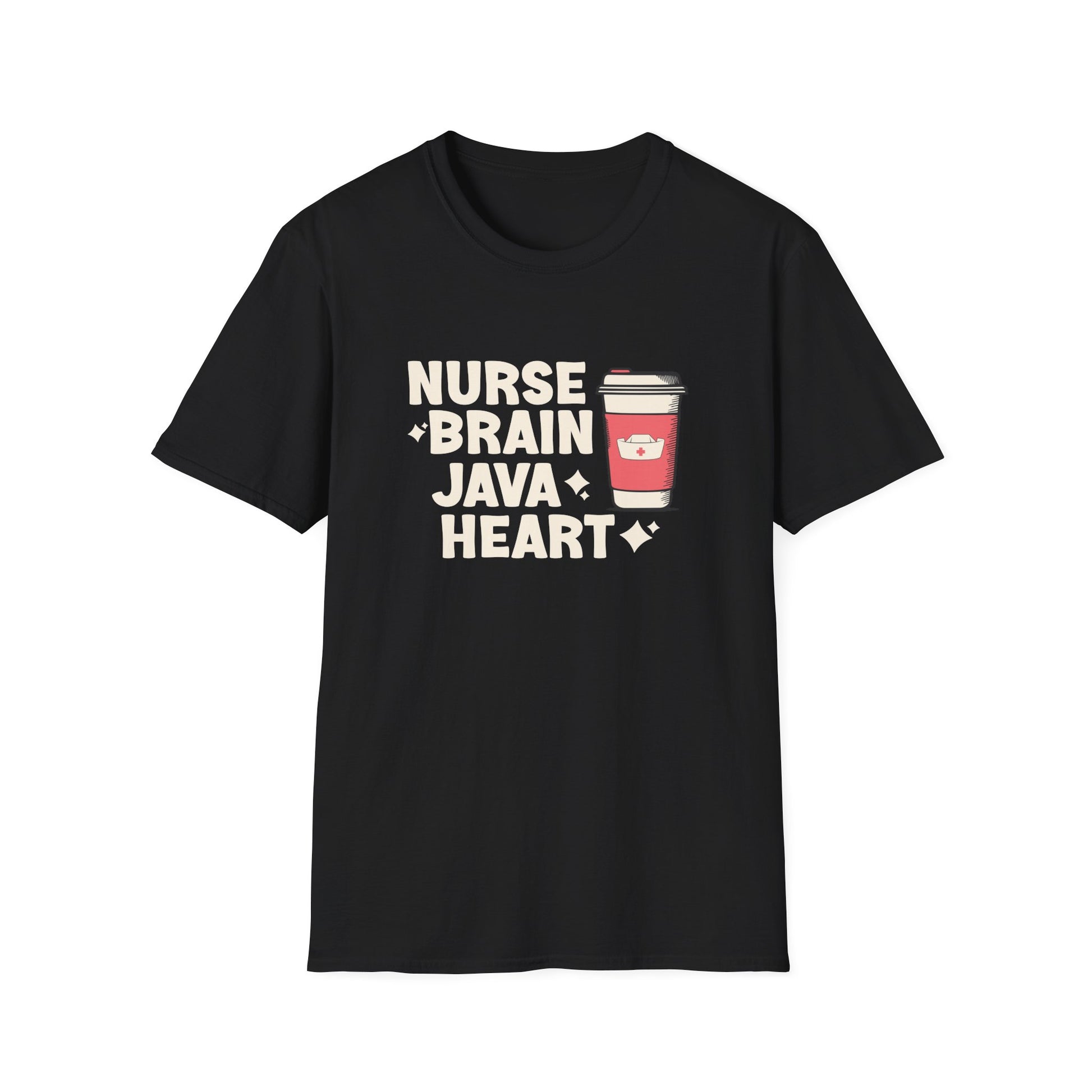 Black t-shirt with 'Nurse Brain Java Heart' text and coffee cup graphic on a white background