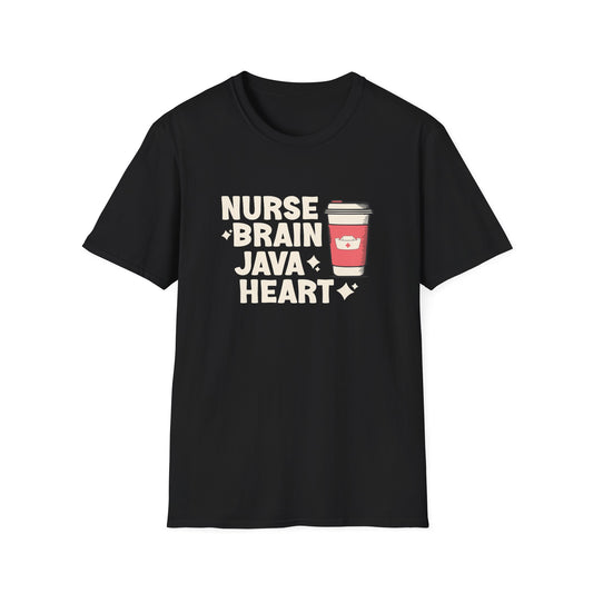 Black t-shirt with 'Nurse Brain Java Heart' text and coffee cup graphic on a white background