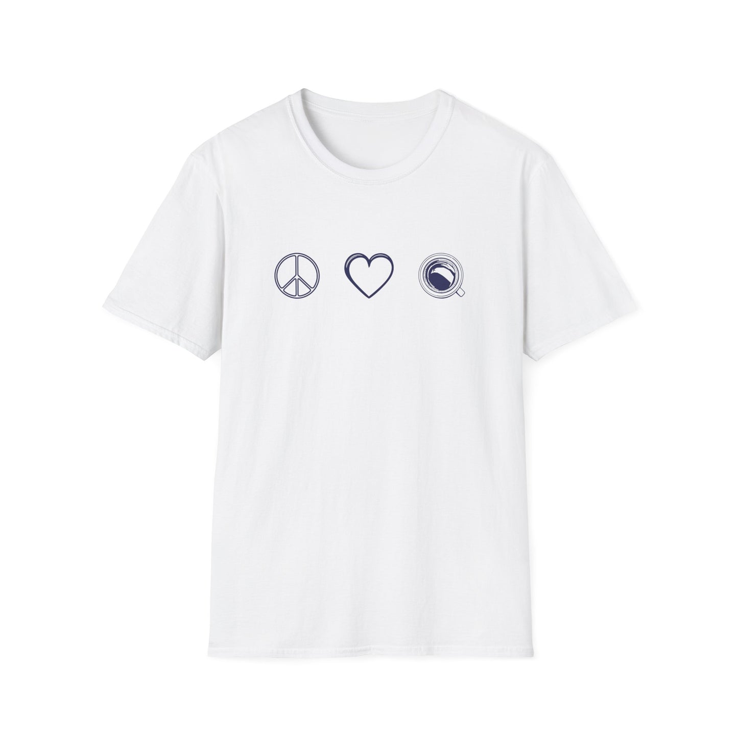 White color t-shirt with three icon styled designs showing a peace sign a heart and a coffee mug saw from atop design on a white background