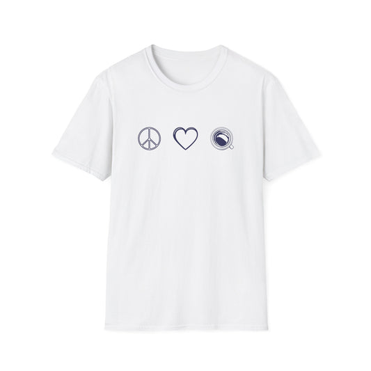 White color t-shirt with three icon styled designs showing a peace sign a heart and a coffee mug saw from atop design on a white background
