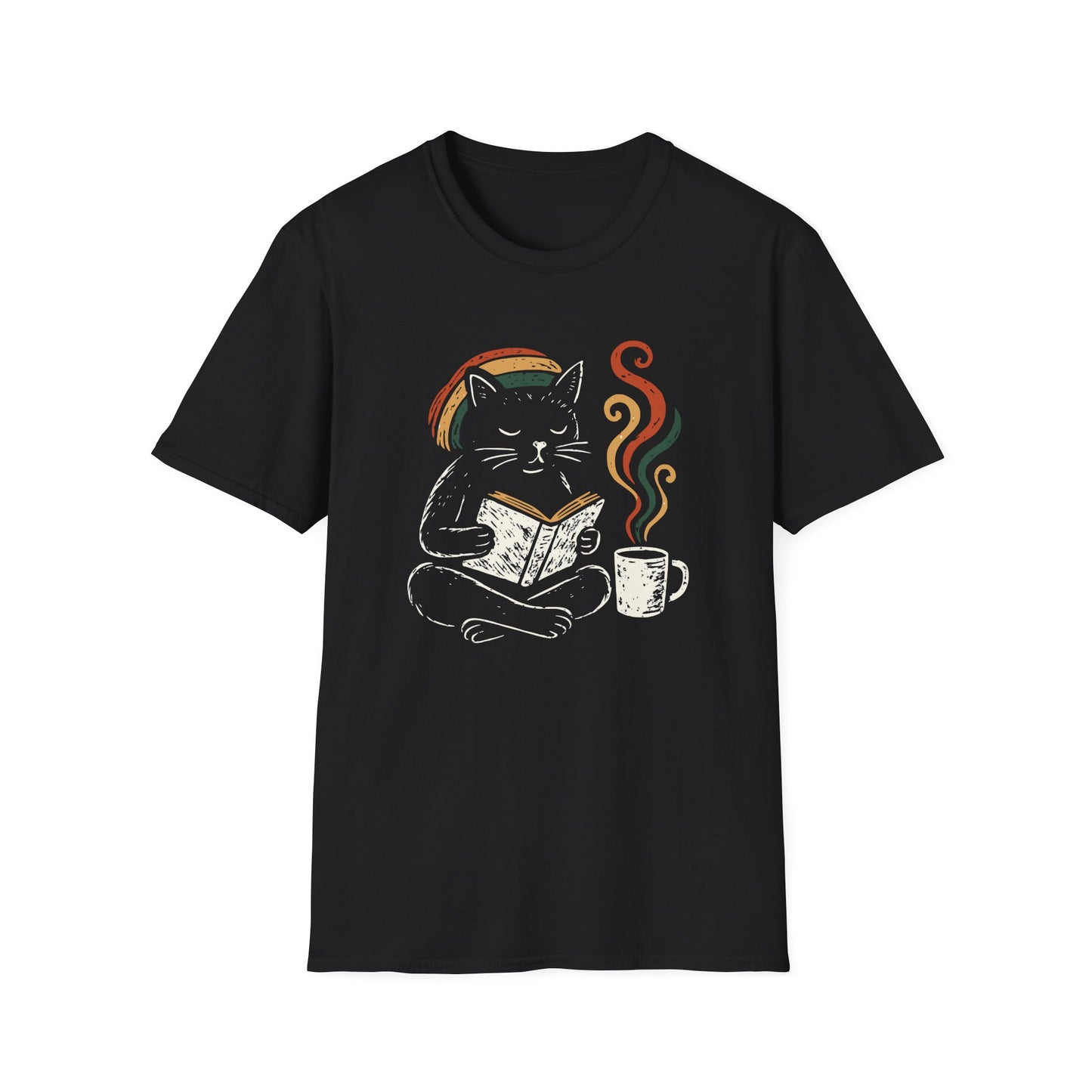 Black color t-shirt a cat reading a book and wearing a hat with the Jamaican flag colors and next to her there is a freshly made coffee on a mug with the steam also colored with the Jamaican flag colors design on a black background
