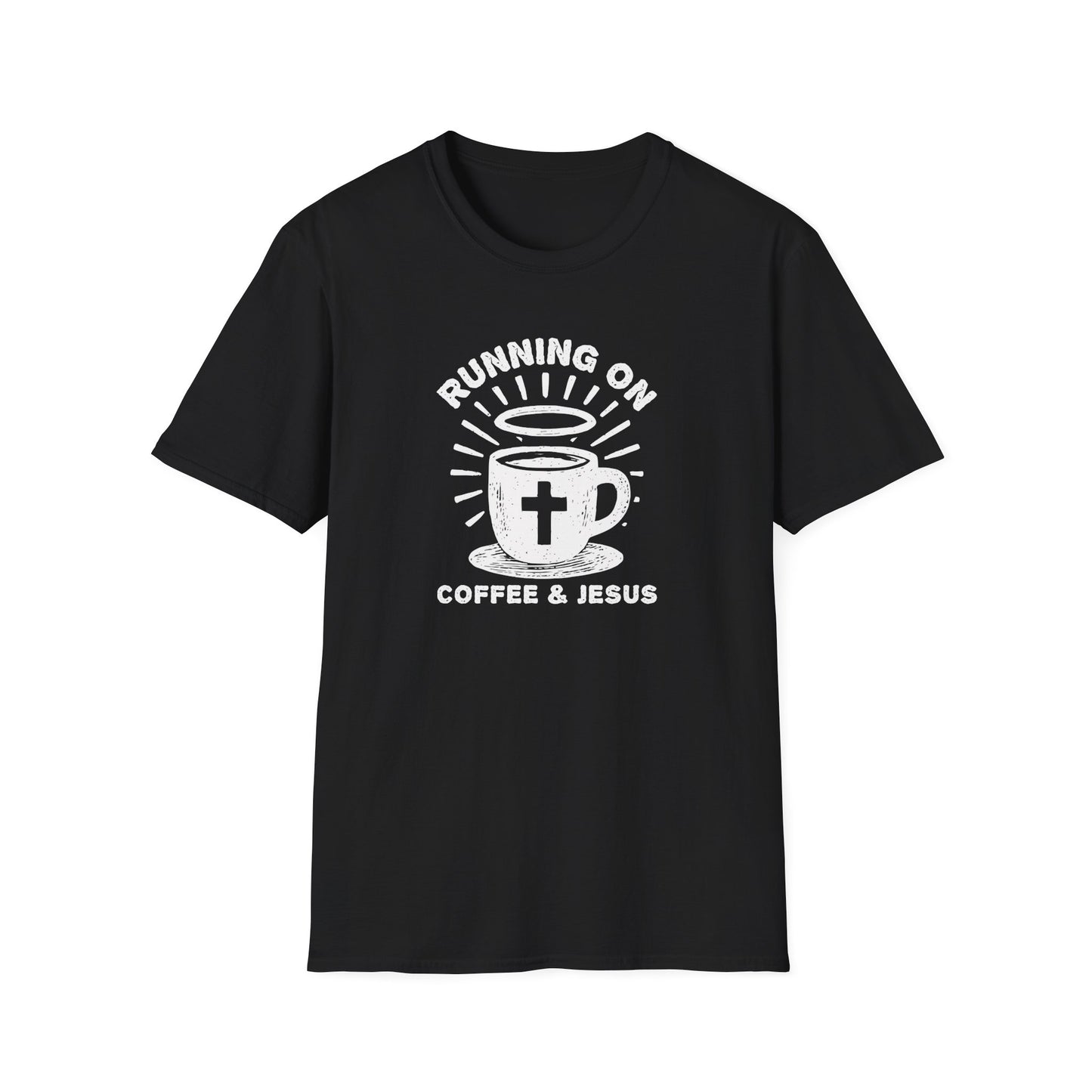 Black t-shirt with white graphic and text 'Running on Coffee & Jesus' on a white background