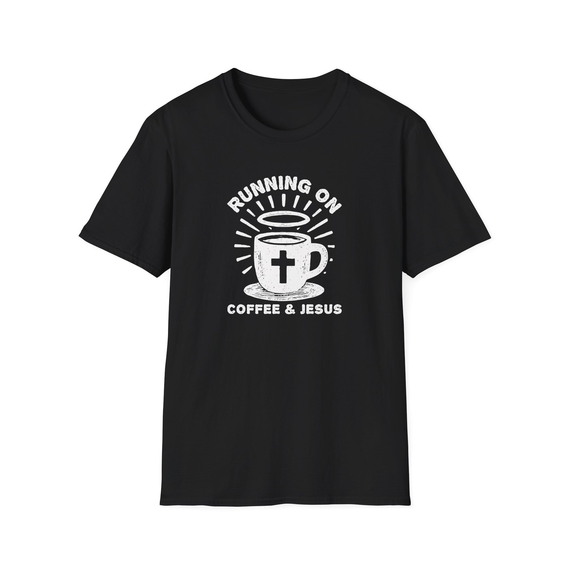 Black t-shirt with white graphic and text 'Running on Coffee & Jesus' on a white background