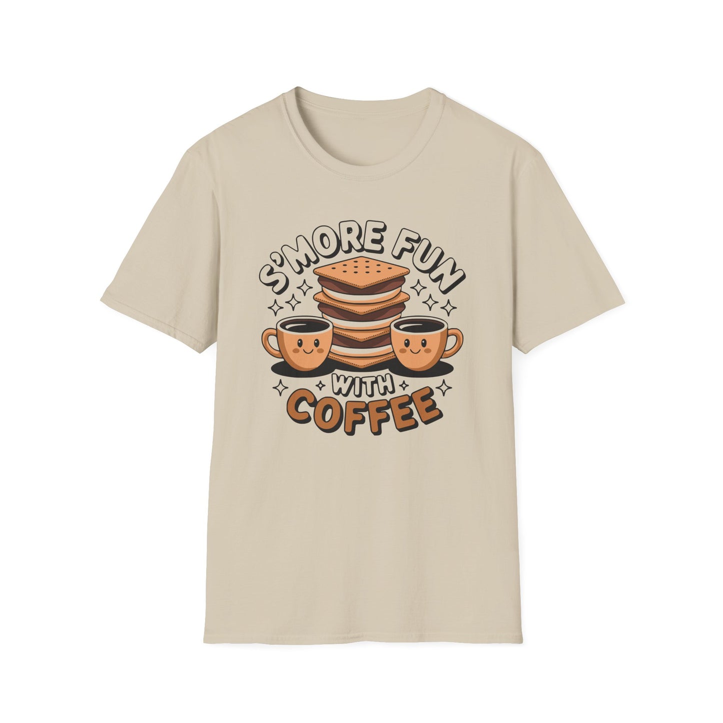 Sand color t-shirt with s'mores and coffee design and S'more Fun With Coffee text on a white background