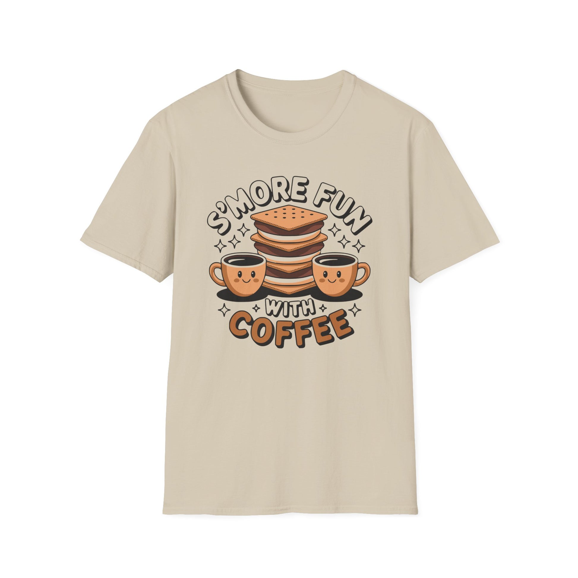 Sand color t-shirt with s'mores and coffee design and S'more Fun With Coffee text on a white background