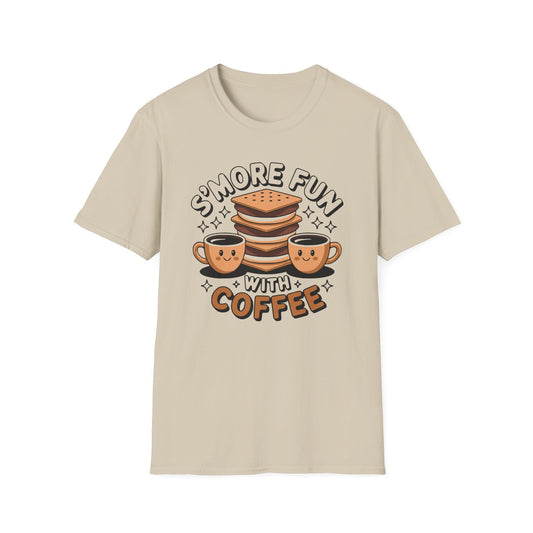Sand color t-shirt with s'mores and coffee design and S'more Fun With Coffee text on a white background