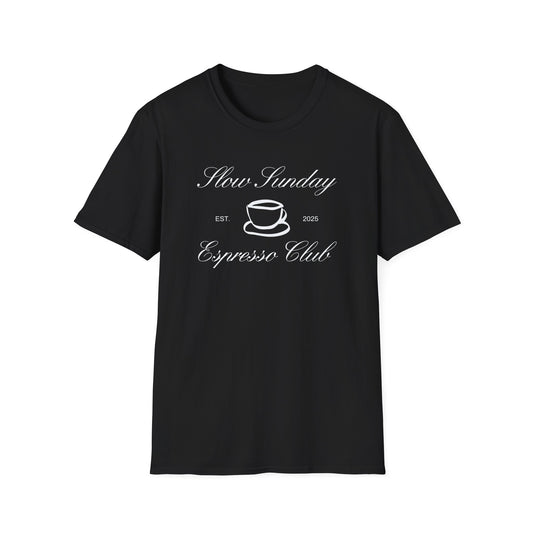 Black t-shirt with white Slow Sunday Espresso Club text and espresso cup graphic on a white background