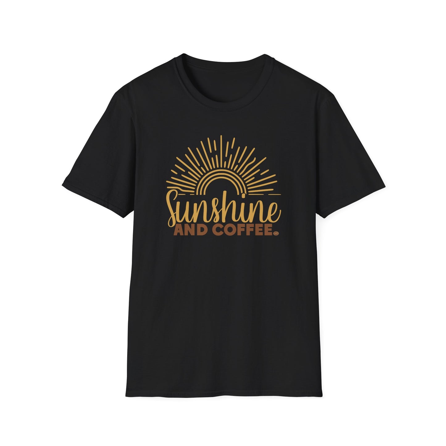 Black t-shirt with 'Sunshine and Coffee' design on a white background