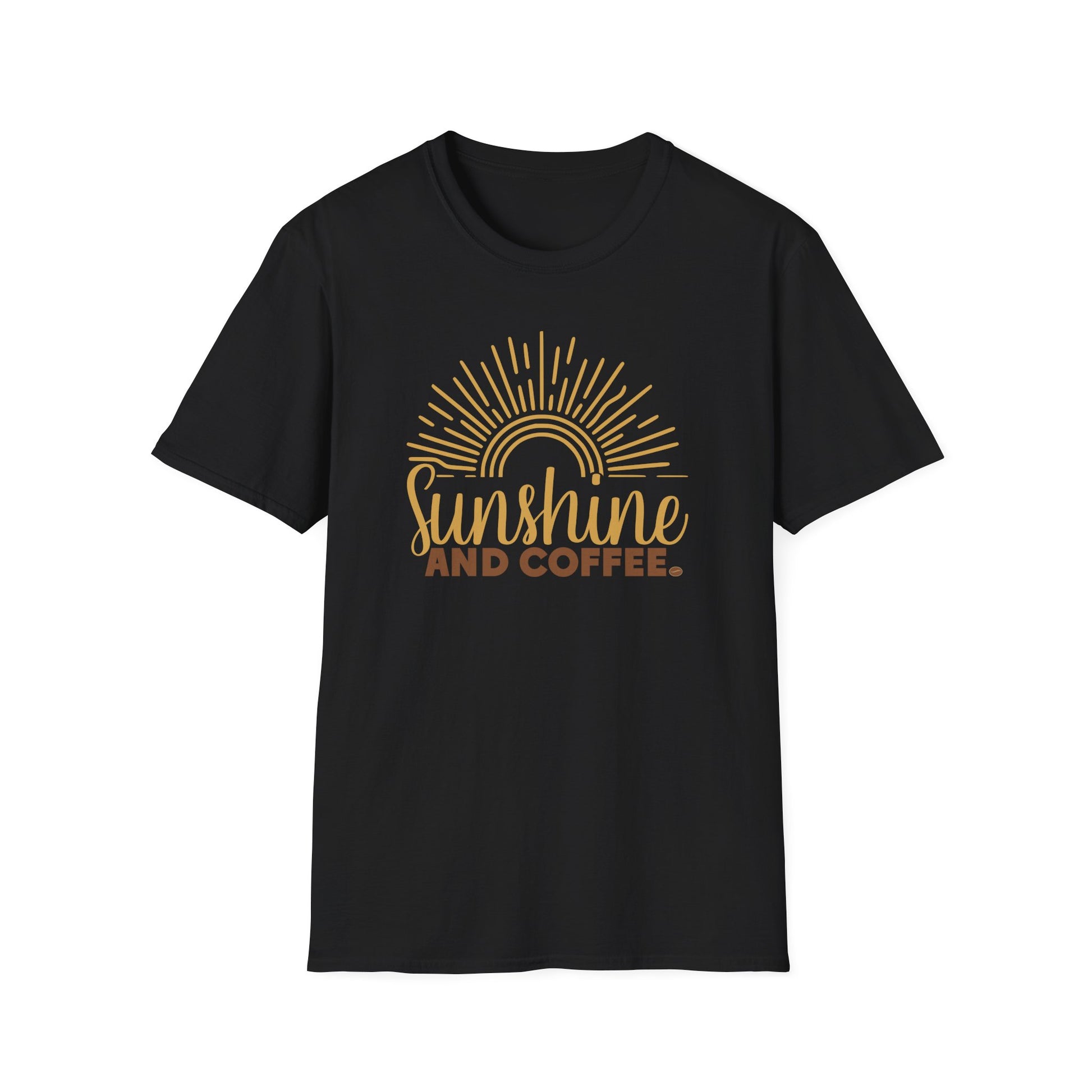 Black t-shirt with 'Sunshine and Coffee' design on a white background