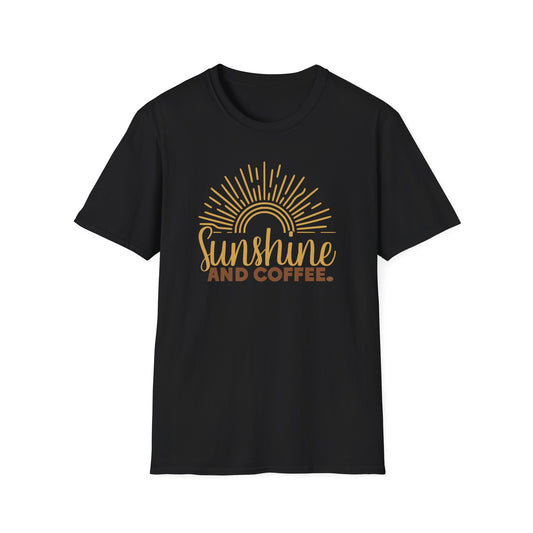 Black t-shirt with 'Sunshine and Coffee' design on a white background