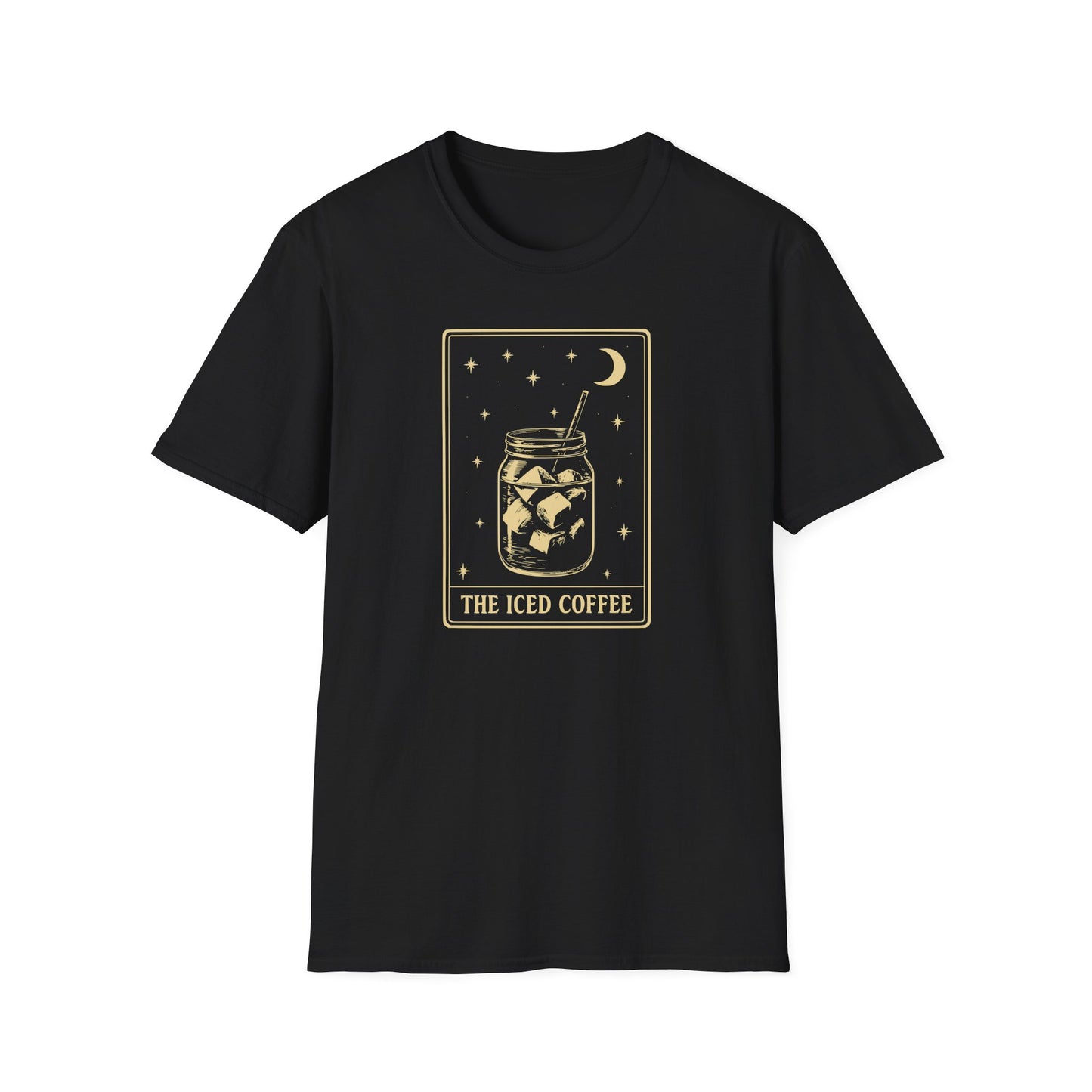 Black Tarot Card t-shirt with 'The Iced Coffee' text showing a centered iced coffee glass graphic stars and a half moon on a black background