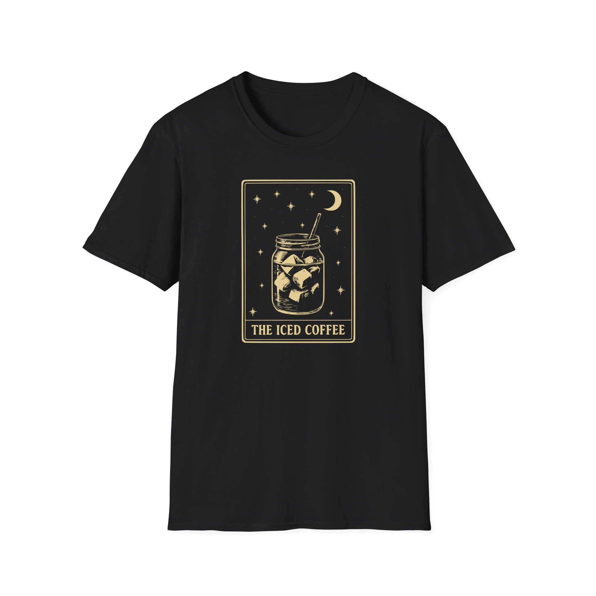 Black Tarot Card t-shirt with 'The Iced Coffee' text showing a centered iced coffee glass graphic stars and a half moon on a black background