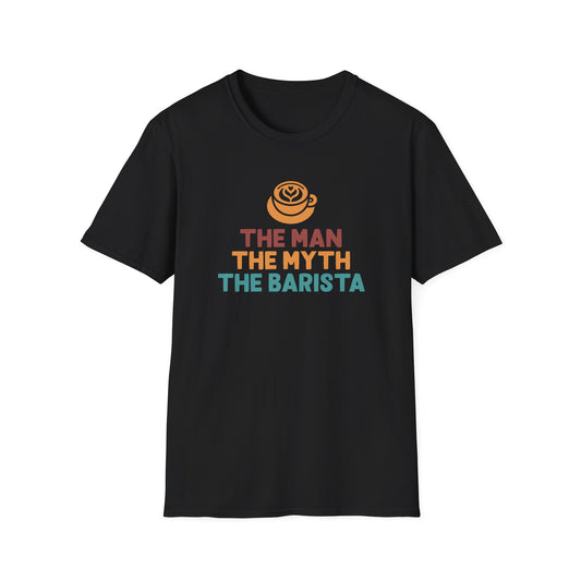 Black t-shirt with ’The Man The Myth The Barista’ text and a cup of latte art design on top of the text on a black background