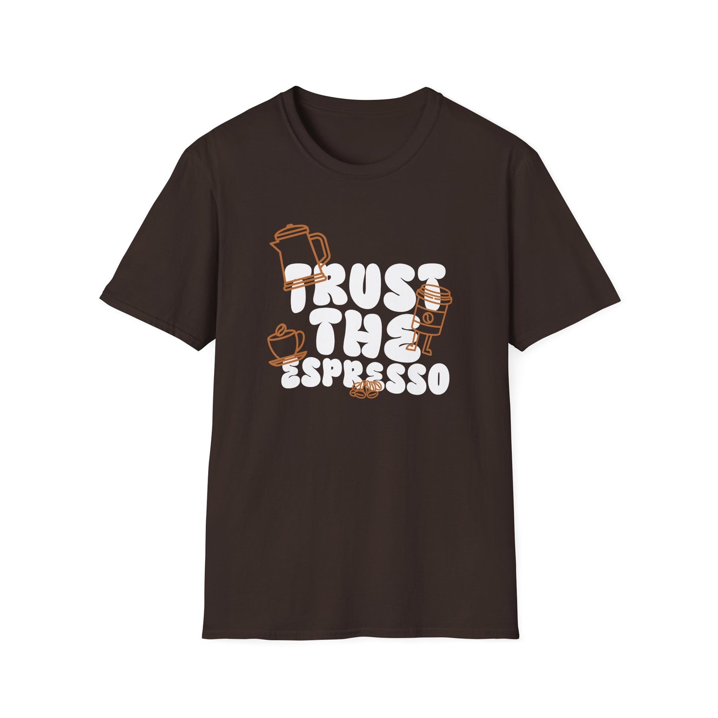 Dark Chocolate t-shirt with 'Trust the Espresso' graphic design on a white background