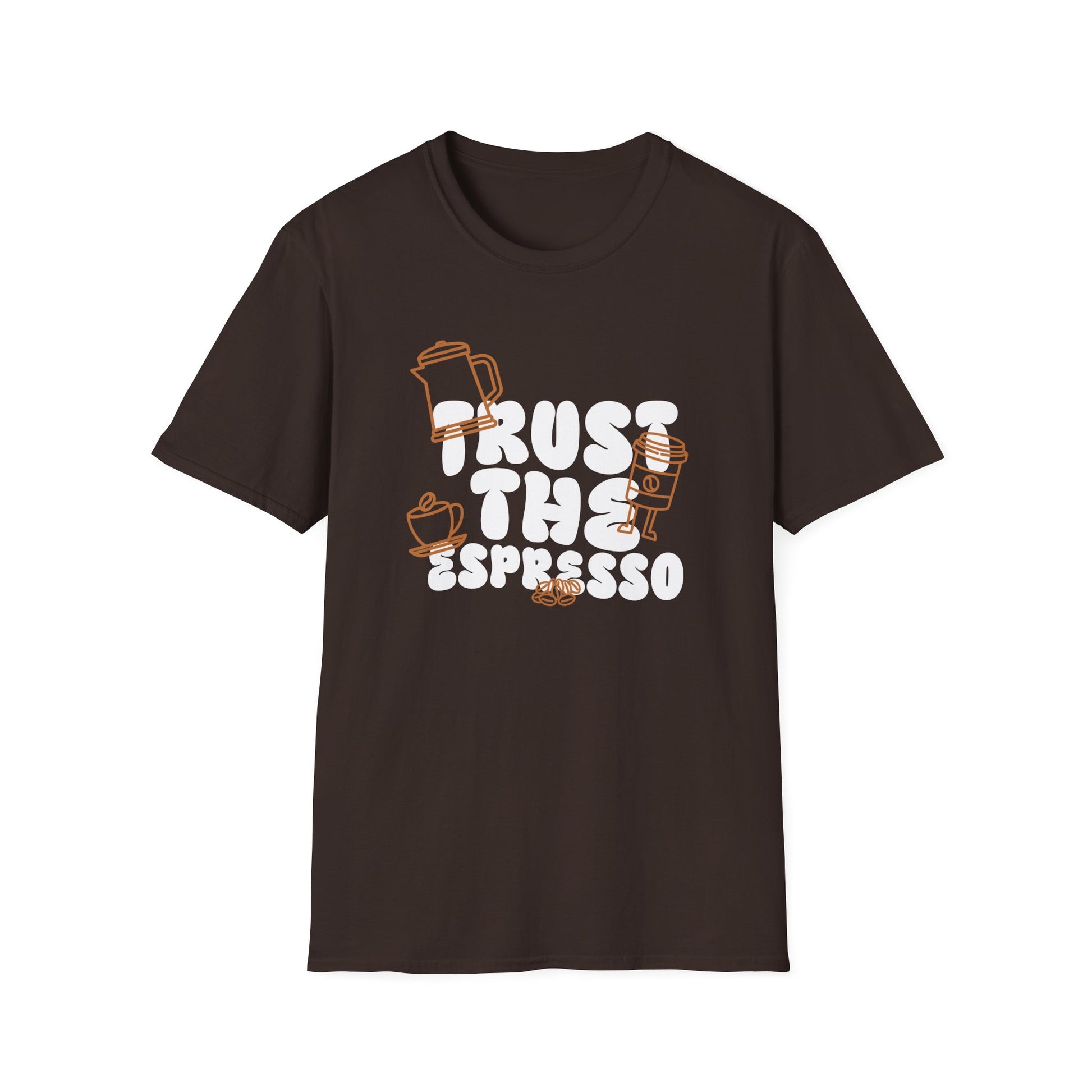 Dark Chocolate t-shirt with 'Trust the Espresso' graphic design on a white background