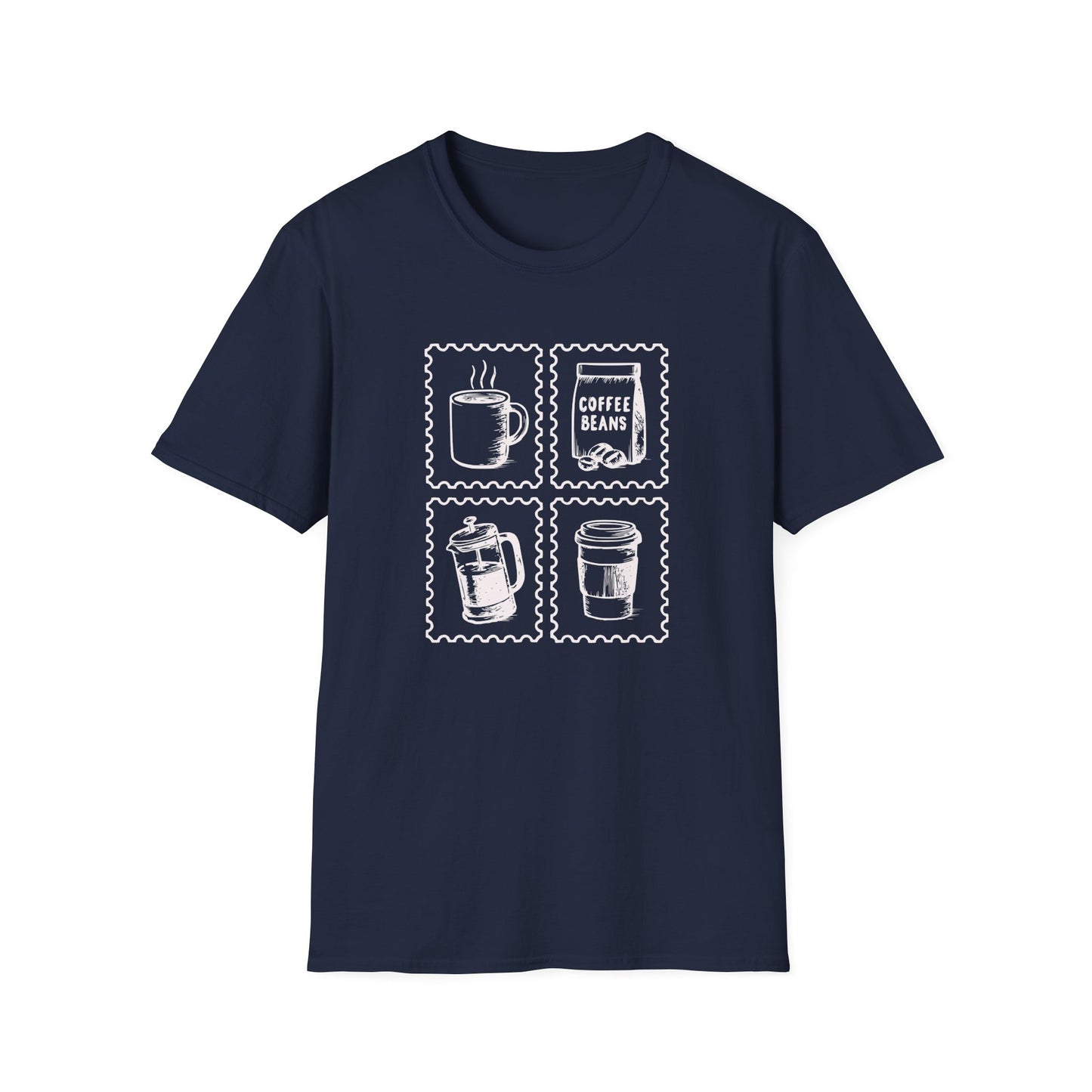 Navy color t-shirt with four vintage coffee stamps showing a coffee mug a coffee beans packet a French press coffee maker and a to go coffee cup design on a navy background