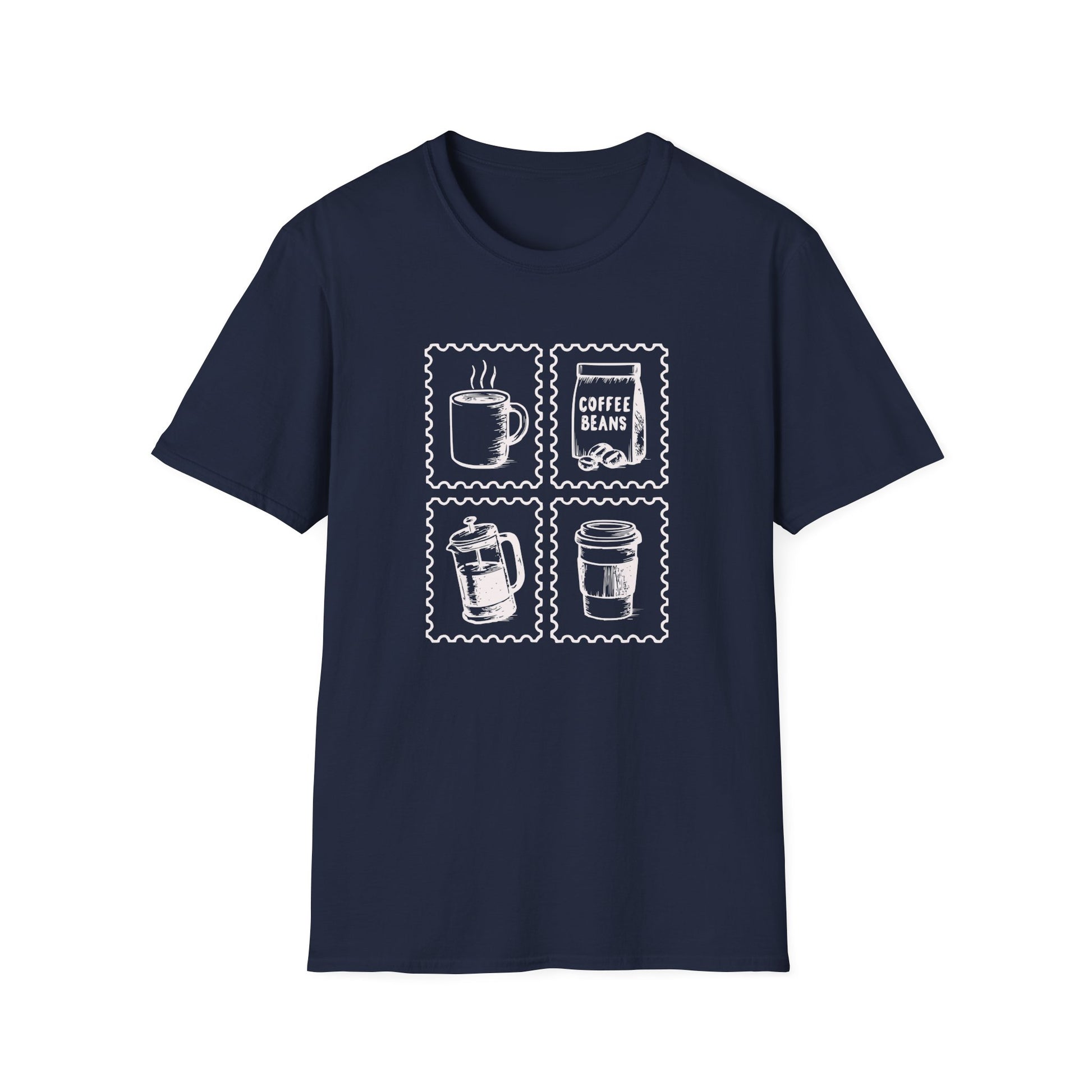 Navy color t-shirt with four vintage coffee stamps showing a coffee mug a coffee beans packet a French press coffee maker and a to go coffee cup design on a navy background