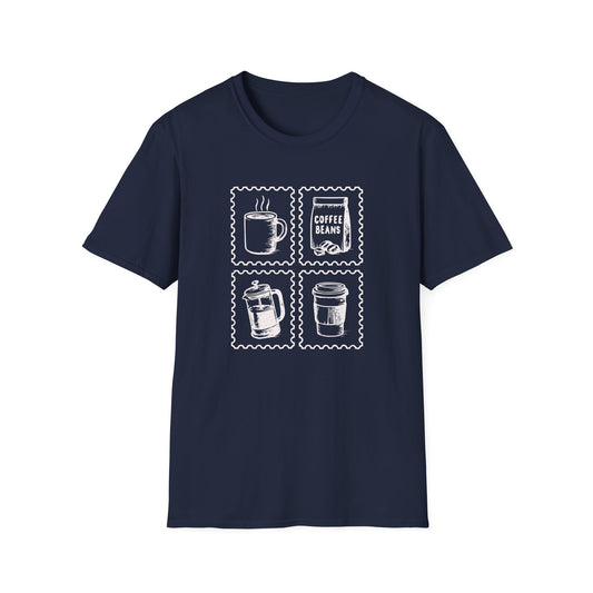 Navy color t-shirt with four vintage coffee stamps showing a coffee mug a coffee beans packet a French press coffee maker and a to go coffee cup design on a navy background