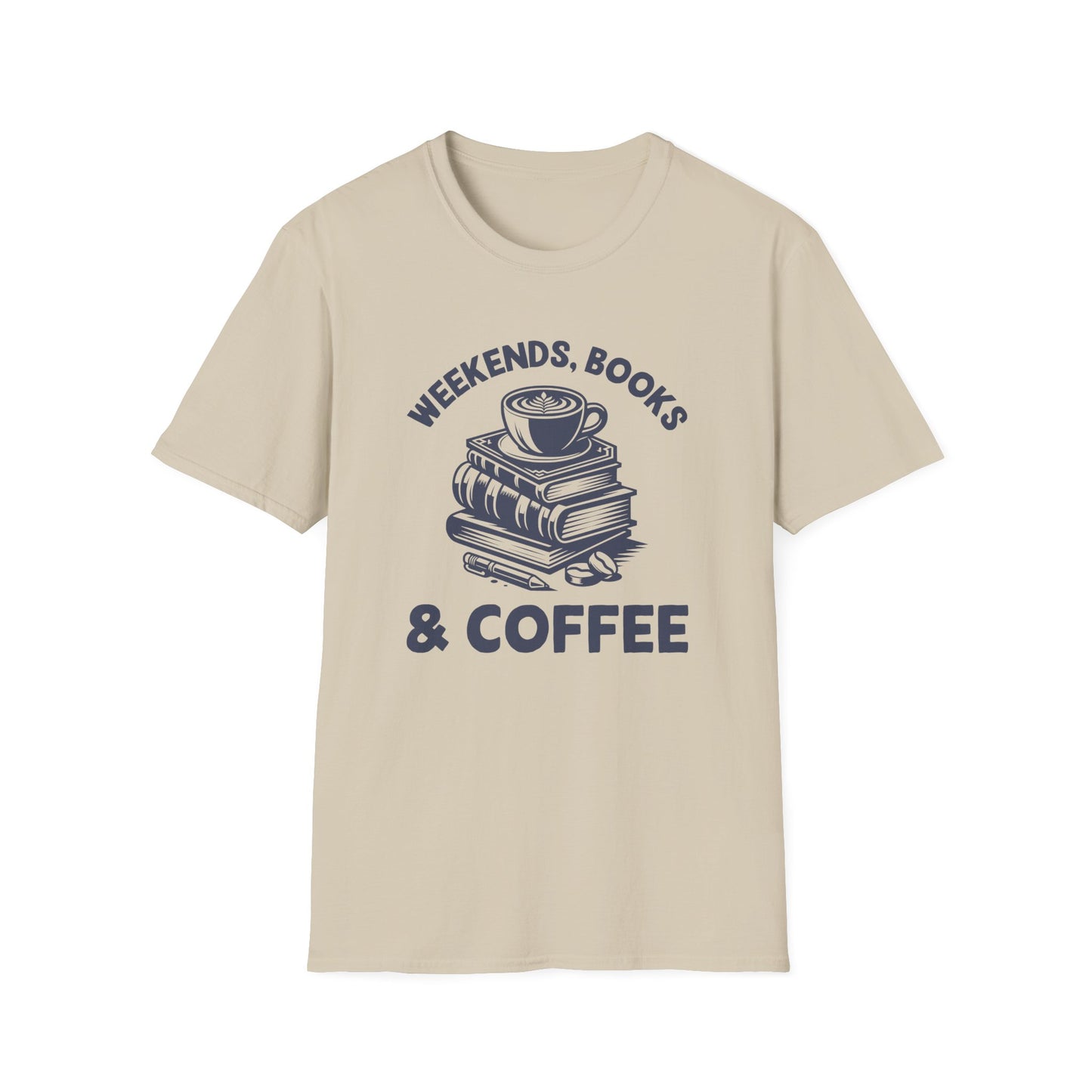 Sand color t-shirt with blue graphic and text 'Weekends, Books & Coffee' on a white background