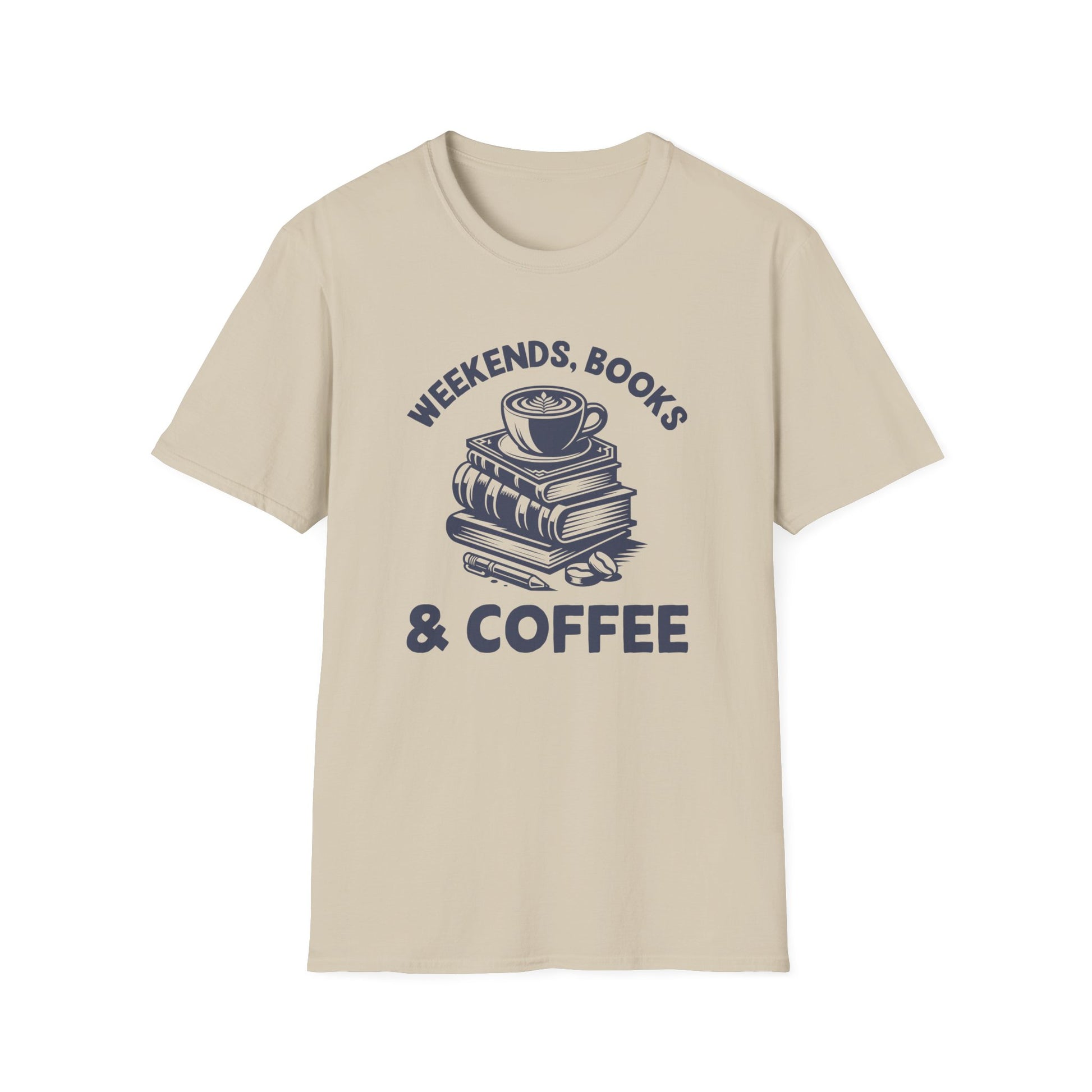 Sand color t-shirt with blue graphic and text 'Weekends, Books & Coffee' on a white background