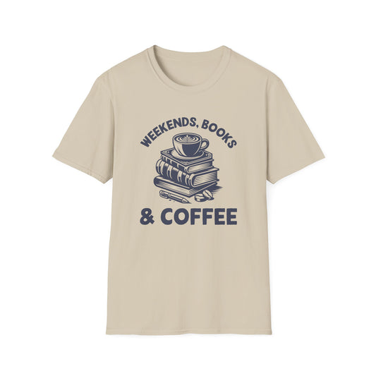 Sand color t-shirt with blue graphic and text 'Weekends, Books & Coffee' on a white background