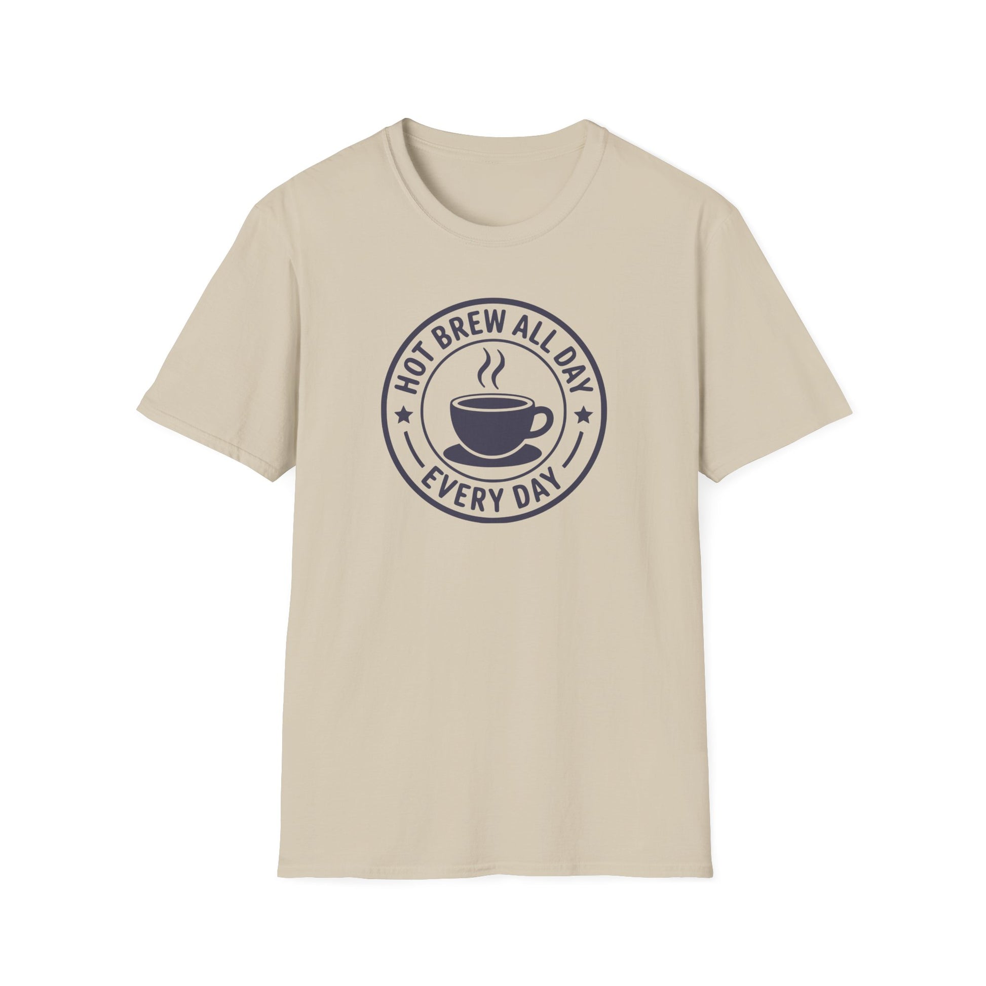 Sand Color t-shirt with 'Hot Brew All Day Every Day' text on a circle surrounding a freshly coffee cup graphic on a sand background