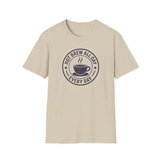 Sand Color t-shirt with 'Hot Brew All Day Every Day' text on a circle surrounding a freshly coffee cup graphic on a sand background